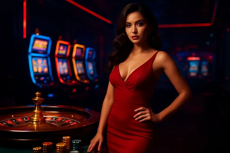 Bangladesh casino homepage banner with woman in red dress, roulette and slots