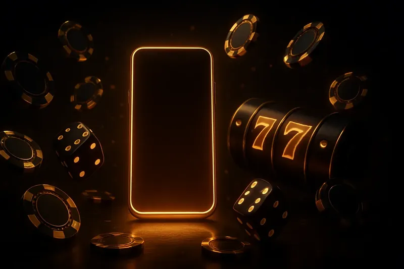 Glowing smartphone with floating casino chips, dice, and slot reels